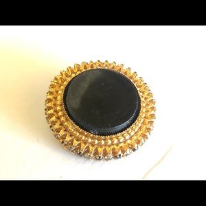 Vintage Black and Gold Rhinestone Brooch Pin